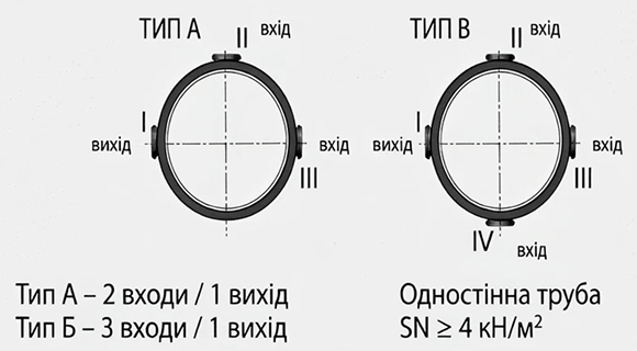 Типи А та В підключень до дренажного колодязя (план): вихід і входи